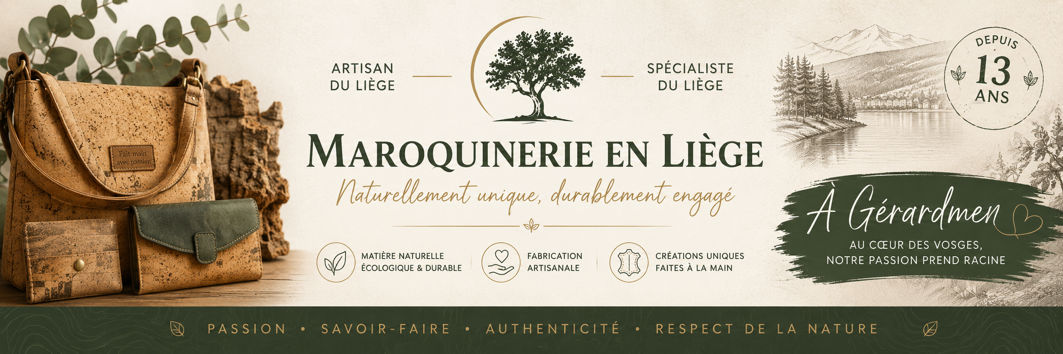 Sac et petit accessoire en liège artisanaux, signés MAROQUINERIE EN LIÈGE, boutique de Gérardmer.
