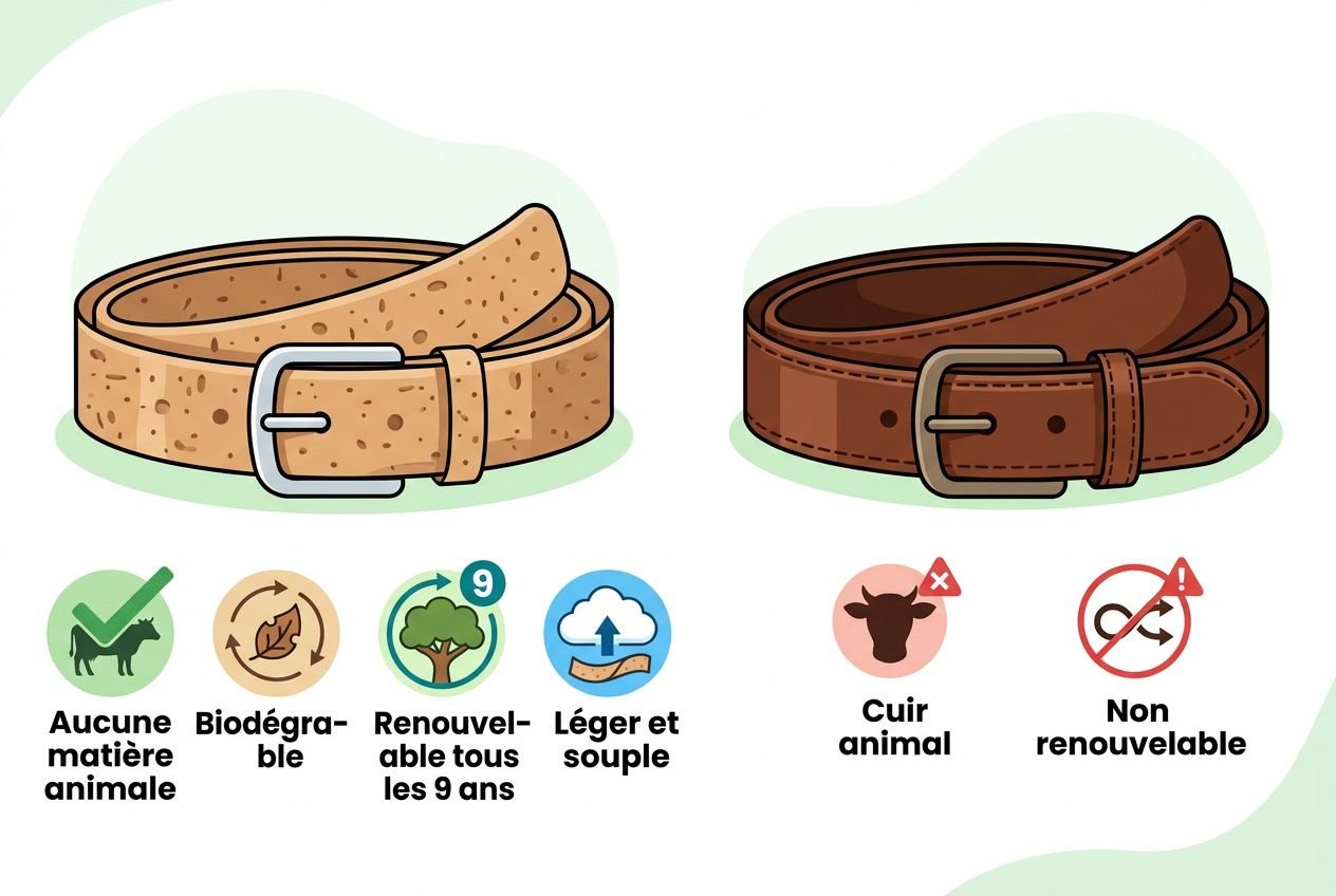 Ceinture en liège naturelle et vegan avec boucle métallique, symbole écoresponsable, sans matière animale et non renouvelable indiquée comme non applicable.