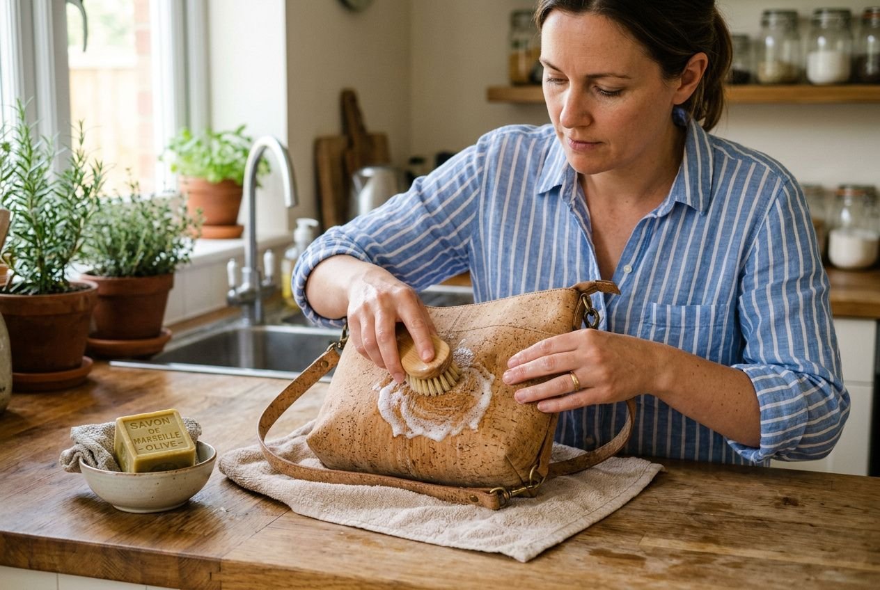 Femme nettoyant un sac en liège naturel avec une brosse, sur plan de bois, savon et savonettes à côté. Entretenir sac en liège naturel délicatement.
