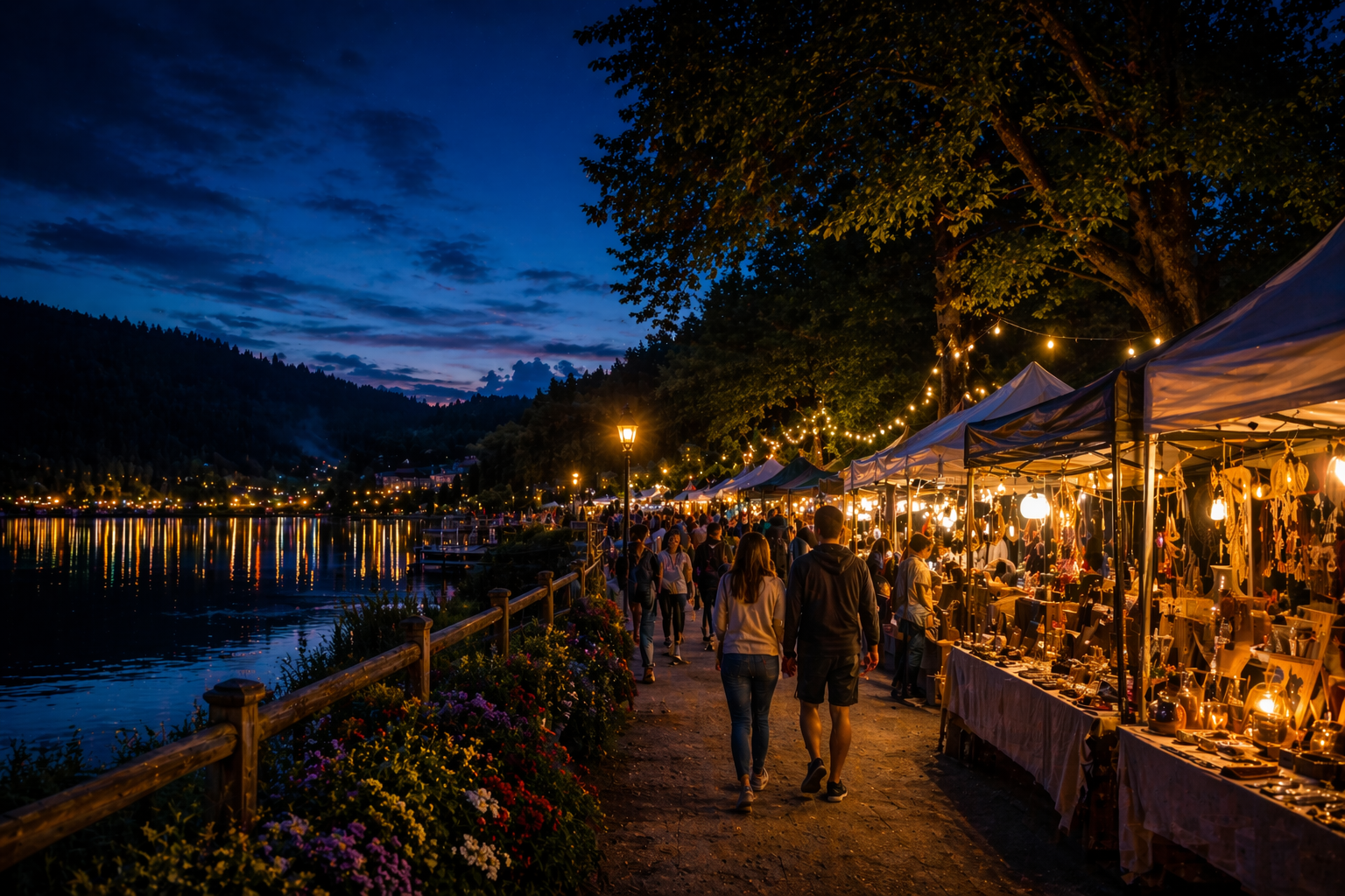Promenade nocturne le long du lac avec stands lumineux de marchés artisanaux et couples se baladant.