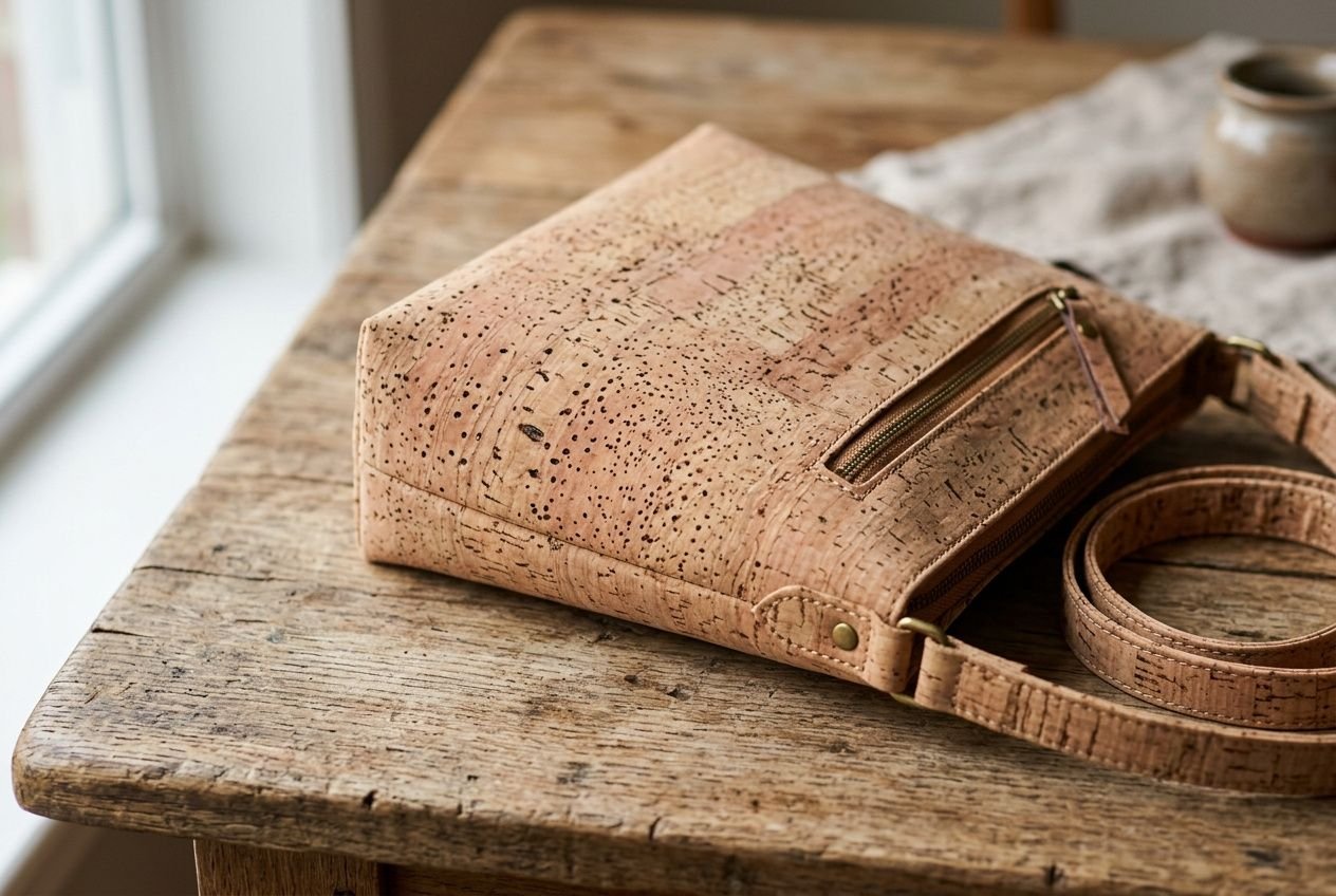 Sac en liège posé sur une table en bois, avec poche zippée et sangle, montrant texture naturelle du liège. comment reconnaître un vrai sac en liège